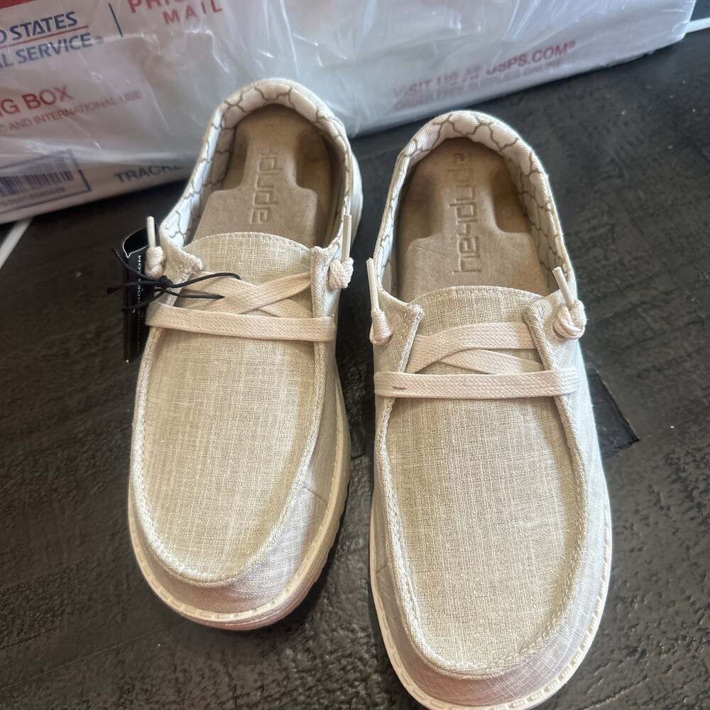 Hey Dude women’s  Wally Loafers - Natural Cream Canvas Slip-On Shoes, Size 5
